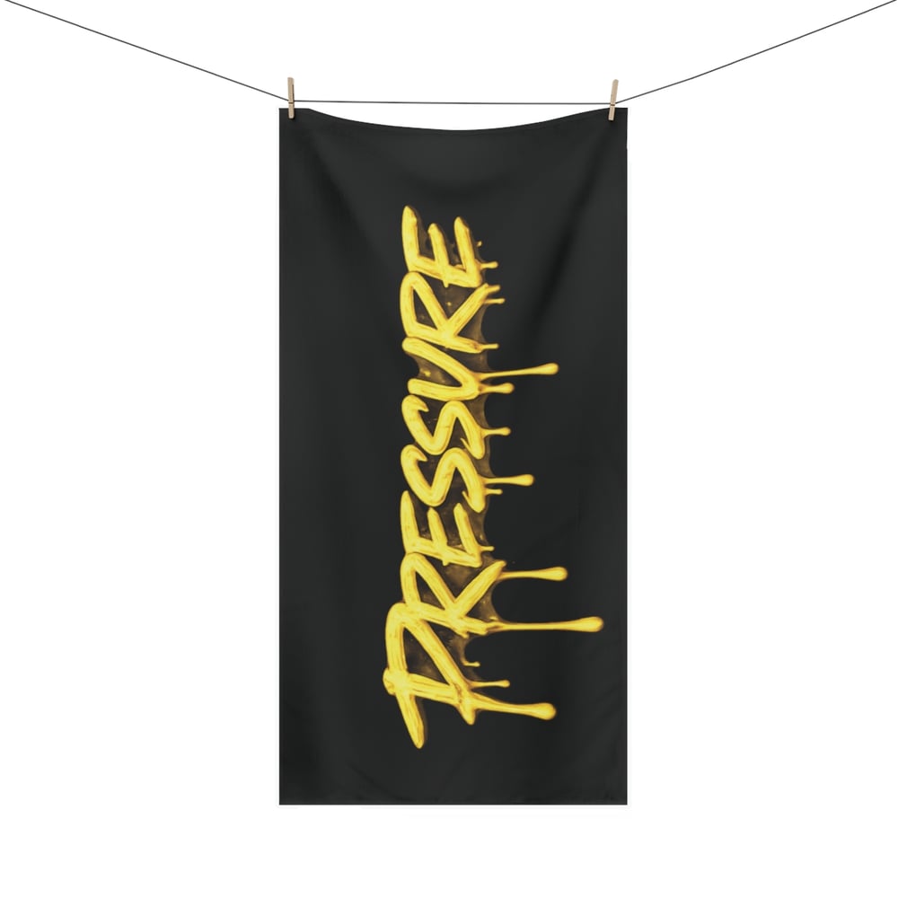 Image of Pressure Graphic Towel — Black Beach & Gym Towel with Dripping Gold Text