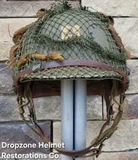 Image 5 of WWII M2 101st Airborne 506th Helmet D-bale Front Seam Westinghouse Paratrooper. Captain. Net & Scrim