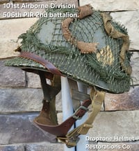 Image 3 of WWII M2 101st Airborne 506th Helmet D-bale Front Seam Westinghouse Paratrooper. Captain. Net & Scrim