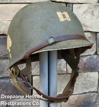 Image 7 of WWII M2 101st Airborne 506th Helmet D-bale Front Seam Westinghouse Paratrooper. Captain. Net & Scrim