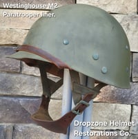 Image 15 of WWII M2 101st Airborne 506th Helmet D-bale Front Seam Westinghouse Paratrooper. Captain. Net & Scrim