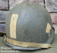 Image 8 of WWII M2 101st Airborne 506th Helmet D-bale Front Seam Westinghouse Paratrooper. Captain. Net & Scrim