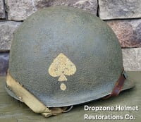 Image 2 of WWII M2 101st Airborne 506th Helmet D-bale Front Seam Westinghouse Paratrooper. Captain. Net & Scrim