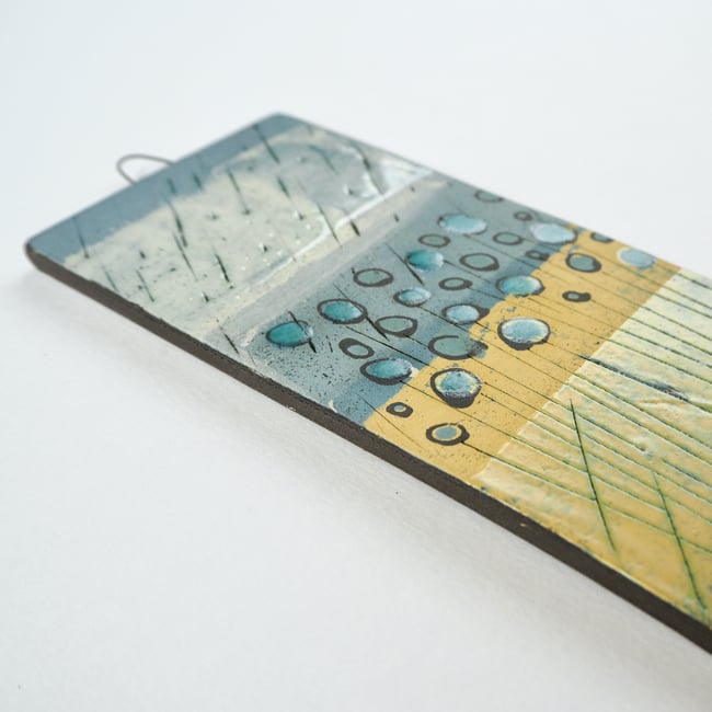 Small Ceramic Hanging Tile, Blue Seed-heads on Yellow, Nature Inspired
