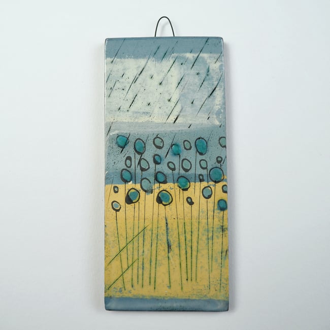 Small Ceramic Hanging Tile, Blue Seed-heads on Yellow, Nature Inspired