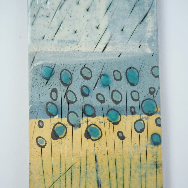 Small Ceramic Hanging Tile, Blue Seed-heads on Yellow, Nature Inspired