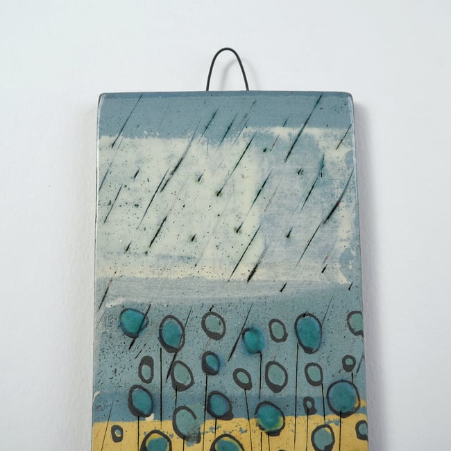 Small Ceramic Hanging Tile, Blue Seed-heads on Yellow, Nature Inspired