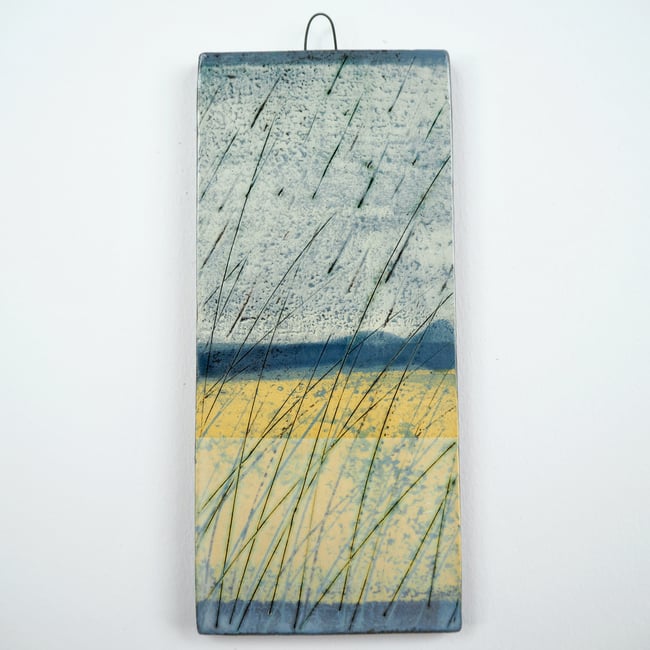 Small Ceramic Hanging Tile, Yellow Grasses and Rain, Inspired by Nature