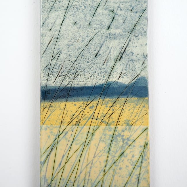Small Ceramic Hanging Tile, Yellow Grasses and Rain, Inspired by Nature