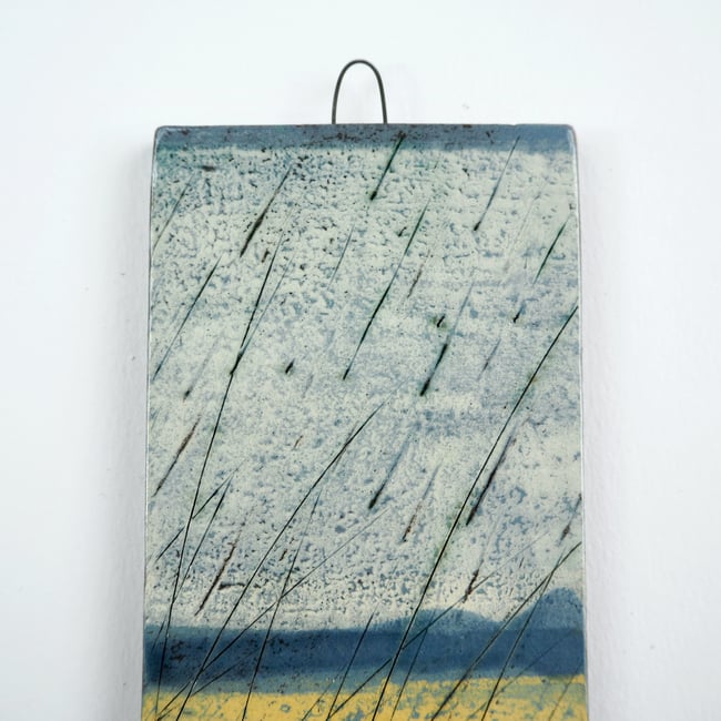 Small Ceramic Hanging Tile, Yellow Grasses and Rain, Inspired by Nature
