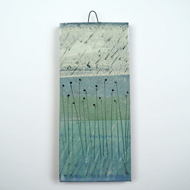 Small Ceramic Hanging Tile, Seed-heads on Green, Nature Inspired
