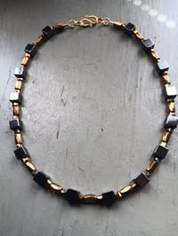 Image 3 of HEMATITE CUBES WITH GOLD TONE FACETED TUBES AND SQUARES