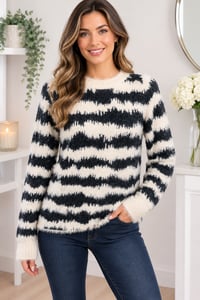 Image 1 of b.young Bynolle Fluffy Jacquard Jumper Black & Cream – Size Small