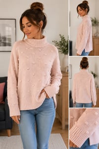 Image 1 of   Pieces Blush Pink Bobble Knit Roll Neck Jumper – Size 6