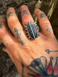 Image 4 of WL&A Old Style Aged Bronze & Sterling Silver Black Jack Blue Ribbon Thunderbird Signet - Size 10