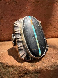 Image 1 of WL&A Old Style Aged Bronze & Sterling Silver Black Jack Blue Ribbon Thunderbird Signet - Size 10