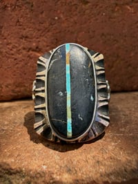 Image 3 of WL&A Old Style Aged Bronze & Sterling Silver Black Jack Blue Ribbon Thunderbird Signet - Size 10