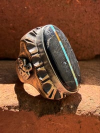 Image 2 of WL&A Old Style Aged Bronze & Sterling Silver Black Jack Blue Ribbon Thunderbird Signet - Size 10