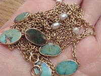Image 7 of EDWARDIAN 15CT YELLOW GOLD TURQUOISE NATURAL PEARL LONGUARD CHAIN 32 INCH 28.4G