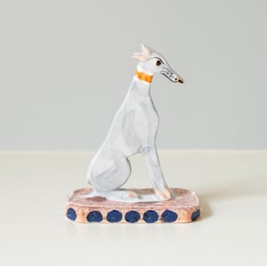 Image of Miniature Whippet Ornament - Blue with pink collar.