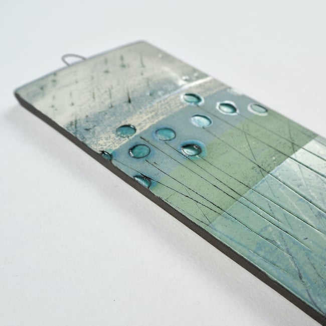 Small Handmade Ceramic Hanging Tile, Blue Seed-heads on Green, Landscape Inspired