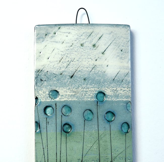 Small Handmade Ceramic Hanging Tile, Blue Seed-heads on Green, Landscape Inspired