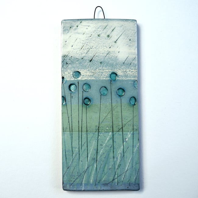 Small Handmade Ceramic Hanging Tile, Blue Seed-heads on Green, Landscape Inspired