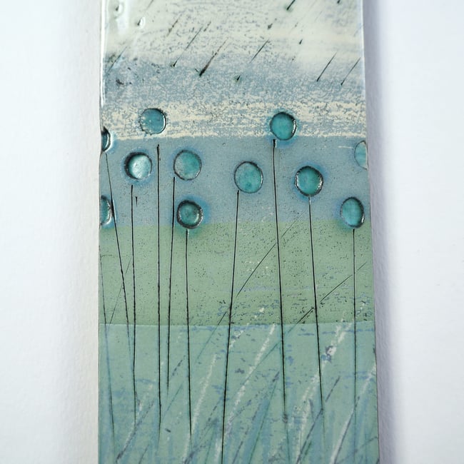 Small Handmade Ceramic Hanging Tile, Blue Seed-heads on Green, Landscape Inspired