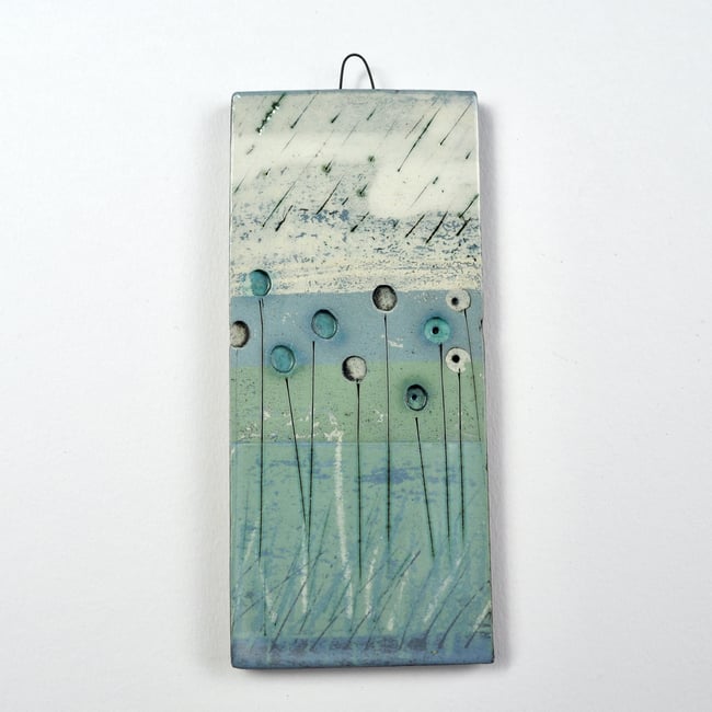 Small Handmade Ceramic Hanging Tile, Blue Seed-head Stems on Green, Inspired By Nature