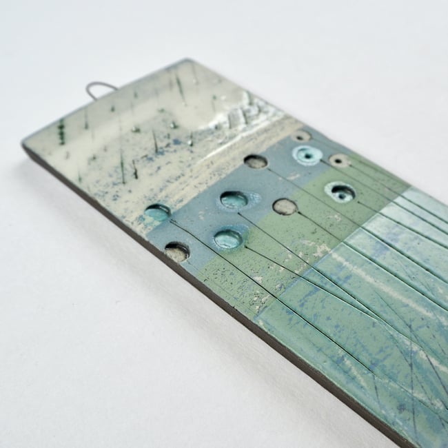 Small Handmade Ceramic Hanging Tile, Blue Seed-head Stems on Green, Inspired By Nature
