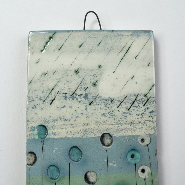 Small Handmade Ceramic Hanging Tile, Blue Seed-head Stems on Green, Inspired By Nature