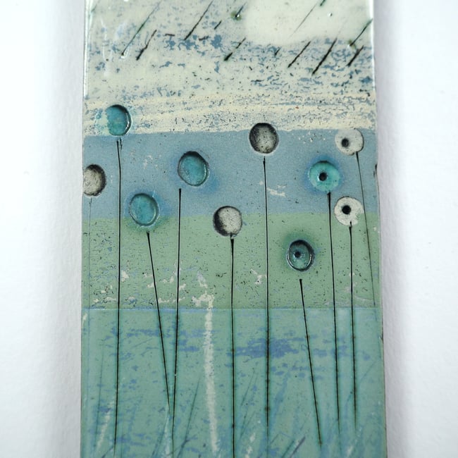 Small Handmade Ceramic Hanging Tile, Blue Seed-head Stems on Green, Inspired By Nature