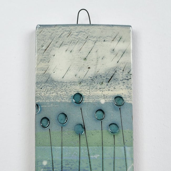 Small Ceramic Hanging Tile, Blue Seed-head Stems on Green, Inspired By...