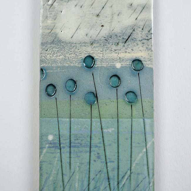 Small Ceramic Hanging Tile, Blue Seed-head Stems on Green, Inspired By...