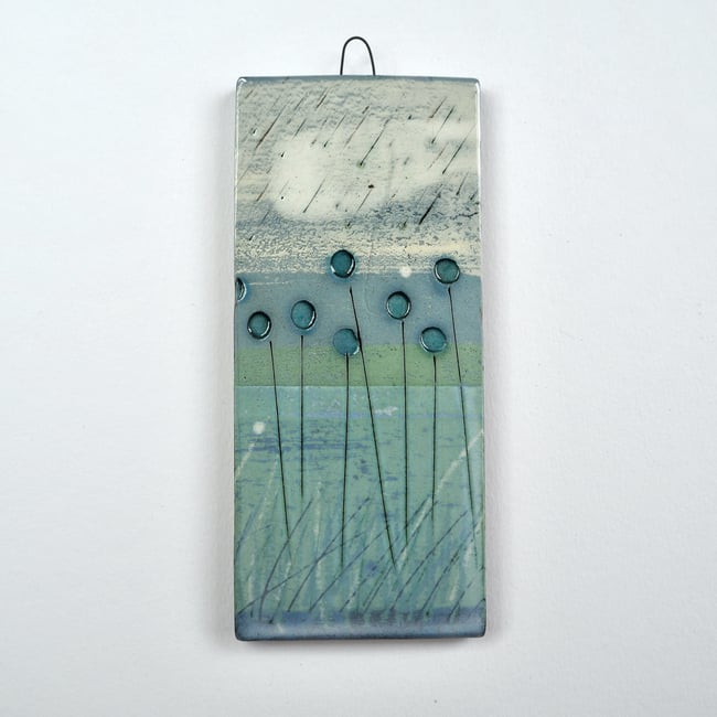 Small Ceramic Hanging Tile, Blue Seed-head Stems on Green, Inspired By...