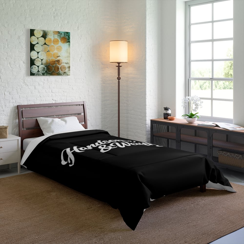 Image of Handsome & Wealthy Comforter — Bold Black Typography Bedding for Men, Funny Luxe Bedroom Gift