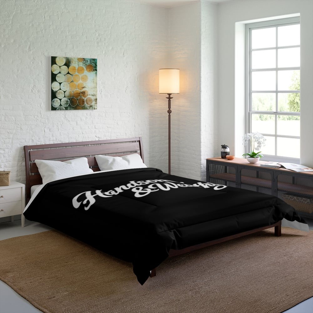 Image of Handsome & Wealthy Comforter — Bold Black Typography Bedding for Men, Funny Luxe Bedroom Gift