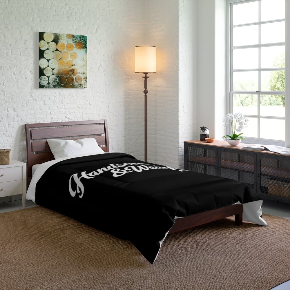 Image of Handsome & Wealthy Comforter — Bold Black Typography Bedding for Men, Funny Luxe Bedroom Gift