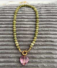 Image 3 of The Adore- Olive Green Jade With Pink Heart