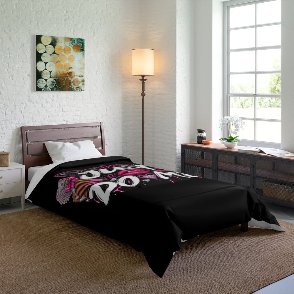 Image of Just Do Me Comforter — Bold Black Graphic Bedding with Pink Hearts & Lip Art