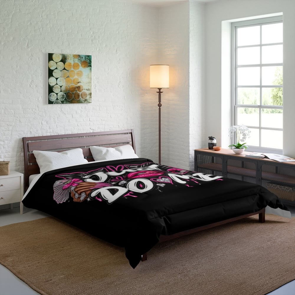 Image of Just Do Me Comforter — Bold Black Graphic Bedding with Pink Hearts & Lip Art