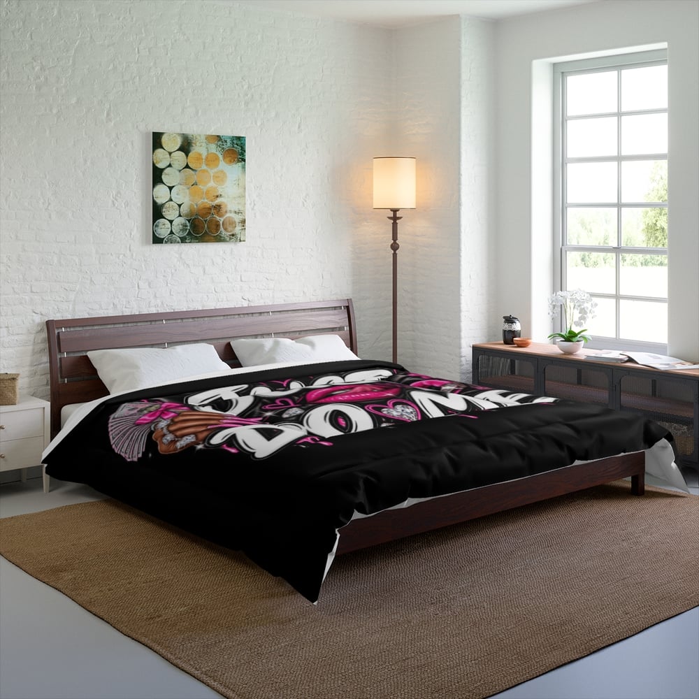 Image of Just Do Me Comforter — Bold Black Graphic Bedding with Pink Hearts & Lip Art