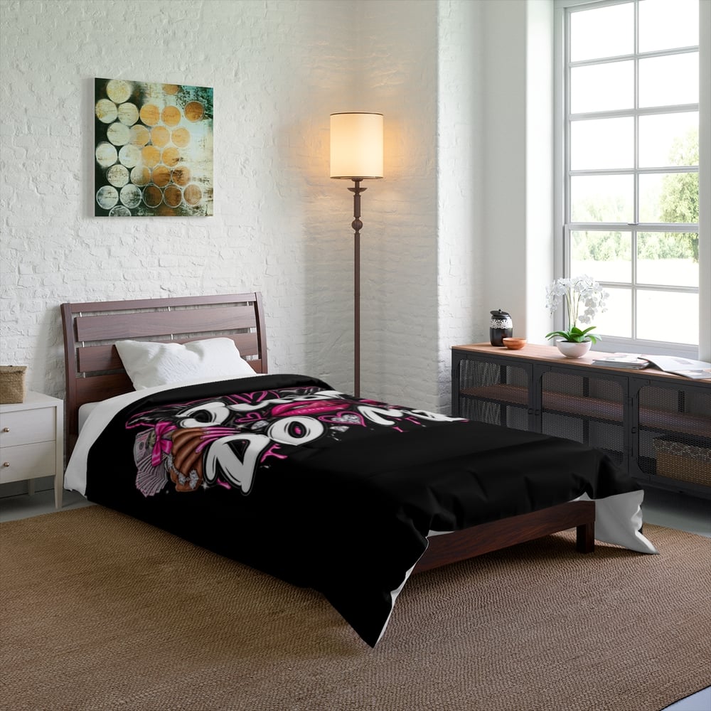 Image of Just Do Me Comforter — Bold Black Graphic Bedding with Pink Hearts & Lip Art