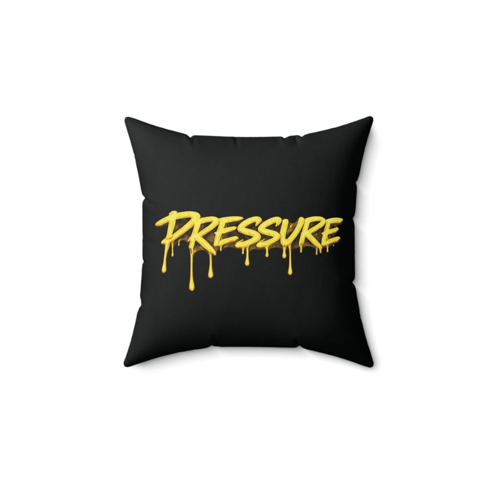 Image of Pressure Graffiti Pillow — Black Square Decorative Cushion with Dripping Yellow Text