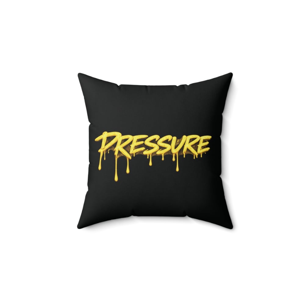Image of Pressure Graffiti Pillow — Black Square Decorative Cushion with Dripping Yellow Text