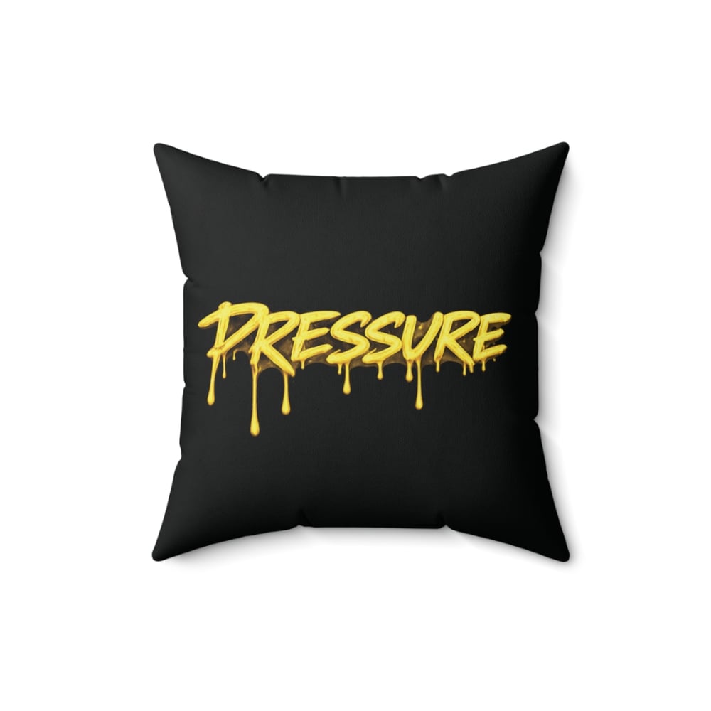 Image of Pressure Graffiti Pillow — Black Square Decorative Cushion with Dripping Yellow Text