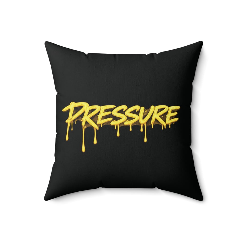 Image of Pressure Graffiti Pillow — Black Square Decorative Cushion with Dripping Yellow Text