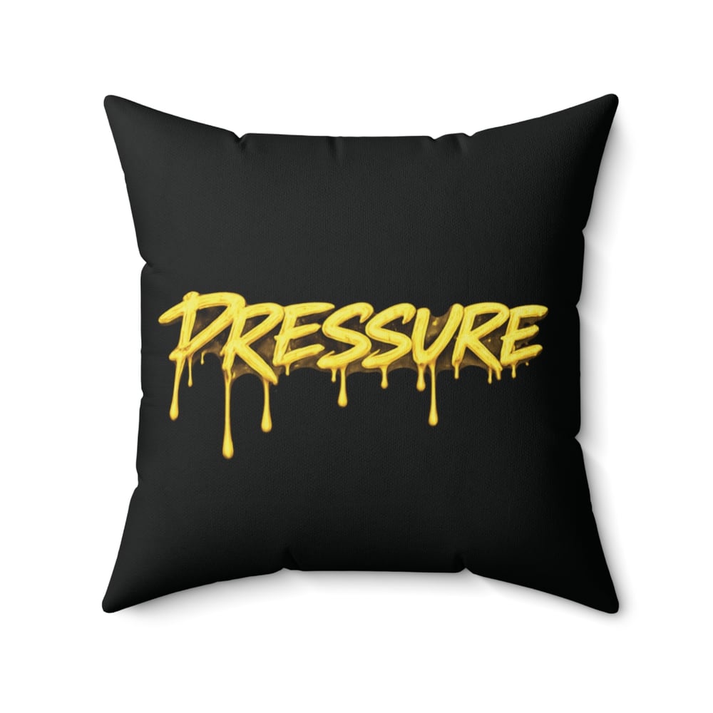 Image of Pressure Graffiti Pillow — Black Square Decorative Cushion with Dripping Yellow Text