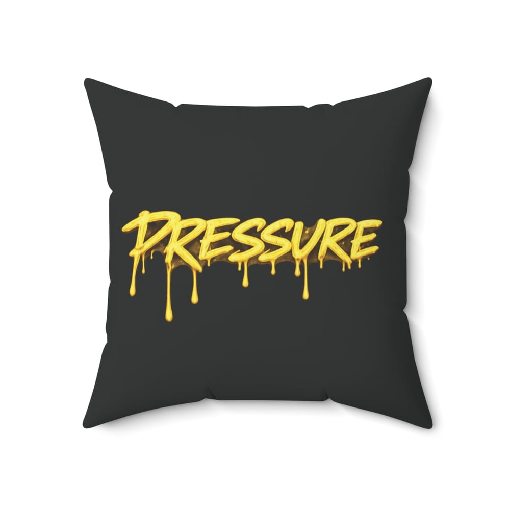 Image of Pressure Graffiti Pillow — Black Square Decorative Cushion with Dripping Yellow Text