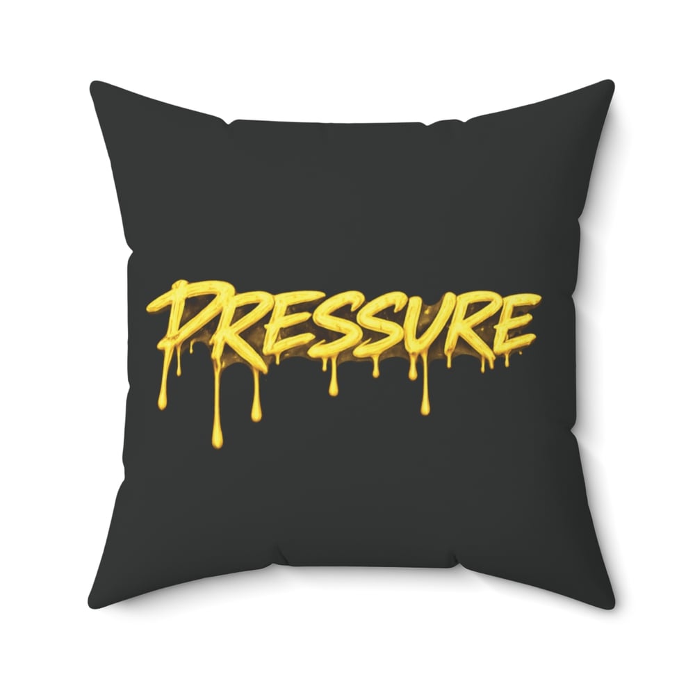 Image of Pressure Graffiti Pillow — Black Square Decorative Cushion with Dripping Yellow Text